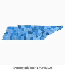 Tennessee State Map Administration Division Blue Color. Arkansas Map Vector Illustration Eps10