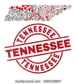 Tennessee State map collage and scratched Tennessee red round badge. Tennessee badge uses vector lines and arcs. Tennessee State map collage includes helmets, homes, showers, suns, people,