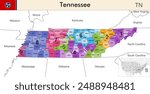 Tennessee state map with counties borders and colored congressional districts boundaries due to The 2020 United States census and which is valid since 2023. Flag of Tennessee. Vector