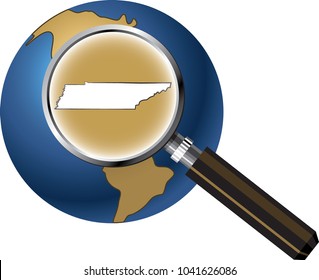 Tennessee State Map Enlarged with Magnifying Glass on Globe