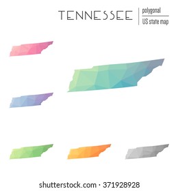Tennessee state map in geometric polygonal style. Set of Tennessee state maps filled with abstract mosaic, modern design background. Multicolored state map in low poly style.