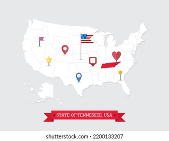 Tennessee State map highlighted on USA map. Tennessee map on United state of America with flag and navigation icons.