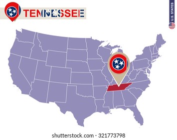 Tennessee State on USA Map. Tennessee flag and map. US States.
