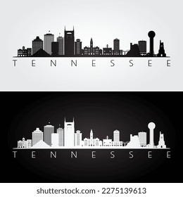 Tennessee state skyline and landmarks silhouette, black and white design. Vector illustration.