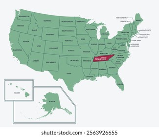 Tennessee state, USA. Editable isolated blank vector map of United states, highlighted at state of Tennessee.