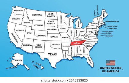 Tennessee State, USA. Highlighted map on Tennessee. Editable blank vector map of USA