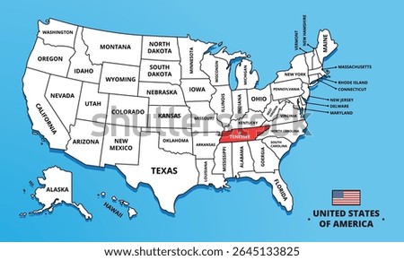 Tennessee State, USA. Highlighted map on Tennessee. Editable blank vector map of USA
