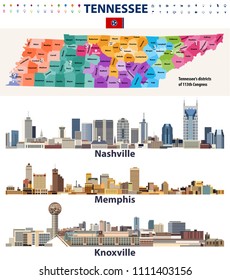 Tennessee state vector congressional districts map and major cities skylines