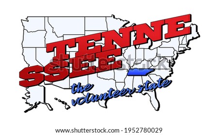 tennessee state. Vector illustration with US tennessee state on american map with lettering. Touristic Greeting Card isolated on white