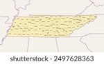 Tennessee, subdivided into 95 counties, political map with borders and county names. Landlocked state in the Southeastern region of the United States, nicknamed The Volunteer State. Illustration