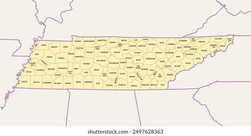 Tennessee, subdivided into 95 counties, political map with borders and county names. Landlocked state in the Southeastern region of the United States, nicknamed The Volunteer State. Illustration