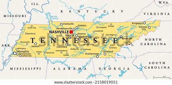 Tennessee, TN, political map, with capital\
Nashville, largest cities, lakes and rivers. State of Tennessee.\
Landlocked state in Southeastern region of the United States,\
nicknamed The Volunteer\
State.