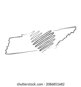 Tennessee US state hand drawn pencil sketch outline map with heart shape. Continuous line drawing of patriotic home sign. A love for a small homeland. T-shirt print idea. Vector illustration.