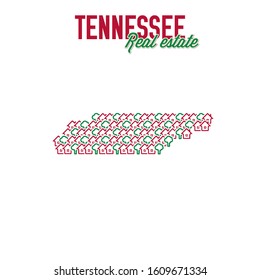 Tennessee US state realty creative concept. Icons of houses with gardens in the shape of a map of Tennessee. Vector illustration.