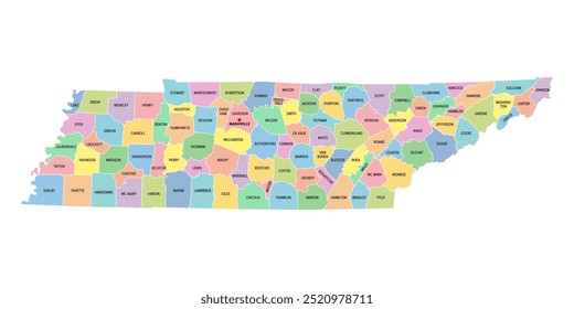 Tennessee, U.S. state, subdivided into 95 counties, multi colored political map with capital Nashville, borders and county names. State in the Southeastern region of United States. Volunteer State.