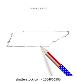 Tennessee US state vector map pencil sketch. Tennessee outline contour map with 3D pencil in american flag colors. Freehand drawing vector, hand drawn sketch isolated on white.