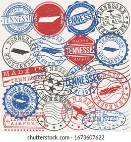 Tennessee, USA Set of Stamps. Travel Passport Stamps. Made In Product. Design Seals in Old Style Insignia. Icon Clip Art Vector Collection.