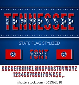 Tennessee USA state flag font. Alphabet, numbers and symbols stylized by state flag. Vector typeset