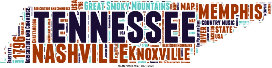 Tennessee USA state map vector tag cloud illustration