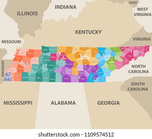 Tennessee vector congressional distrcits map with nearest states