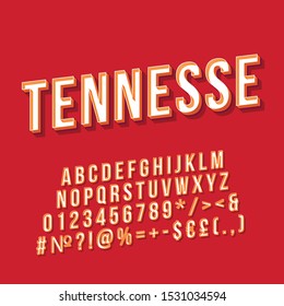 Tennessee vintage vector lettering. Retro bold font, typeface. Pop art stylized text. Old school style letters numbers, symbols, elements pack. 90s poster typography design. Red color background