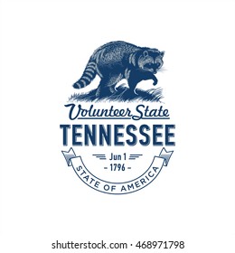 Tennessee, Volunteer State, stylized emblem of the state of America, raccoon, blue color