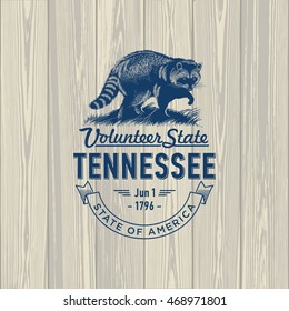 Tennessee, Volunteer State, stylized emblem of the state of America, raccoon, on wooden background