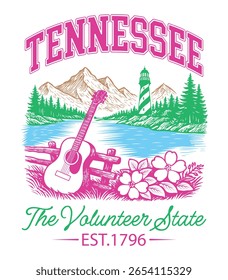Tennessee The Volunteer State - Estados Unidos Estado Cityscape T-shirt Vetor, Ícones americanos de referência, Vintage Estados Cityscape Camisa, Retro Travel City Art, Estados Citações de referência, Estado de férias ilustração

