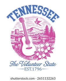 Tennessee The Volunteer State - US State Vintage T-shirt Vector, USA States Cityscape Landmark Icons, American State Typography Shirt, USA Skyline Clipart, Retro travel city illustration
