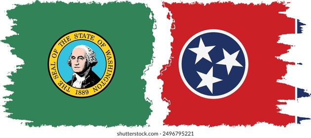 Tennessee and Washington states grunge brush flags connection, vector