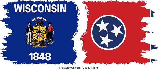 Tennessee and Wisconsin states grunge brush flags connection, vector