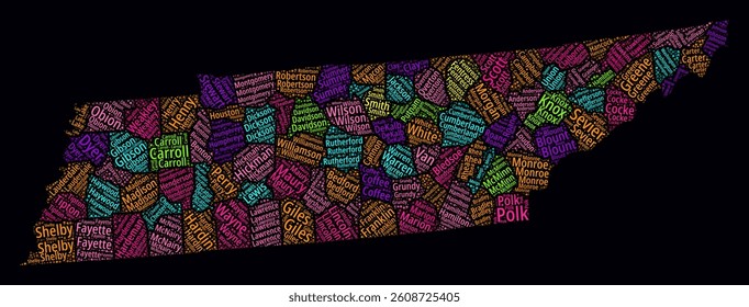 Tennessee Word Cloud. Bright neon style design on a dark background. Region names text cloud in the boundary shape with administrative division. Elegant vector illustration.