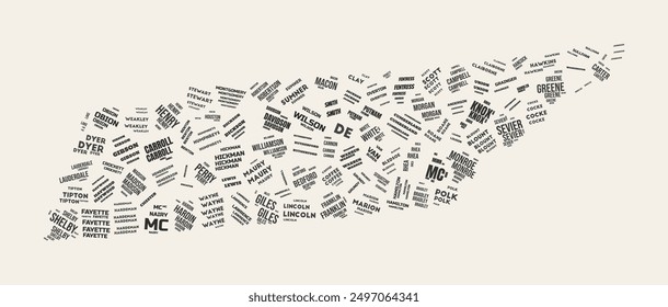 Tennessee Word Cloud. Staat mit Bezirksverwaltung. Tennessee typografische Text Wolken Vektorbild-Design. Vintage Gazette Stil Zustand Form Bild. Kreative Vektorgrafik.