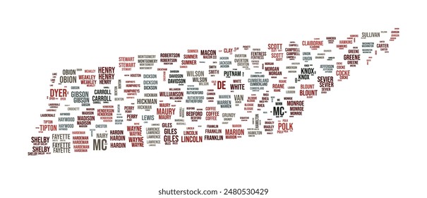 Tennessee Word Cloud. State shape with county division. Tennessee typography style image. County names tag clouds. Vector illustration.