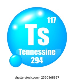 Símbolo do elemento tennessine. Número atômico 117. Massa 294. Ícone de esfera azul.