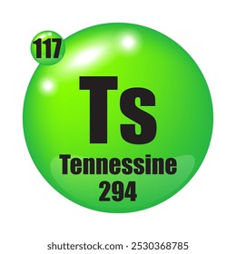 Ícone do Tennessine. Este elemento químico. Número atômico 117. Massa 294. Imagem de esfera verde. Símbolo de vetor.