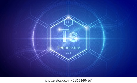 Tennessine (Ts) (117) Superheavy Element - Fundamental Element Futuristic Neon Light Glow Hexagon Block Grid Background Design - Periodic Table, Chemical Symbol, Name, Atomic Mass, Atomic Number