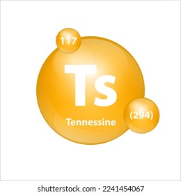 Tennessine (Ts) icon structure chemical element round shape circle yellow dark. Chemical element of periodic table Sign with atomic number. Study in science for education. 3D Illustration vector. 