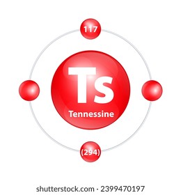 Tennessine (Ts) Icon structure chemical element round shape circle light red with surround ring. 3D Illustration vector. Period number shows of energy levels of electron. Study science for education