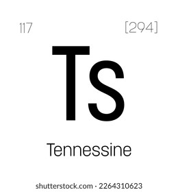 Tennessine, Ts, periodic table element with name, symbol, atomic number and weight. Synthetic element with no known commercial or industrial uses, but has been used in scientific research.