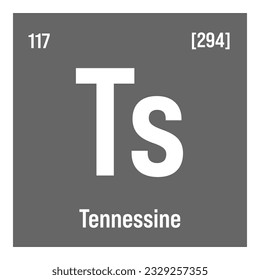 Tennessin, Ts, periodisches Tischelement mit Namen, Symbol, Atomnummer und Gewicht. Synthetisches Element ohne bekannte kommerzielle oder industrielle Verwendung, das aber in der wissenschaftlichen Forschung verwendet wurde.