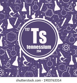 Tennessium chemical element. Sign with atomic number and atomic weight. Chemical element of periodic table. Connected lines with dots. Circle frame with icons.