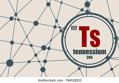 Tennessium chemical element. Sign with atomic number and atomic weight. Chemical element of periodic table. Molecule And Communication Background. Connected lines with dots.