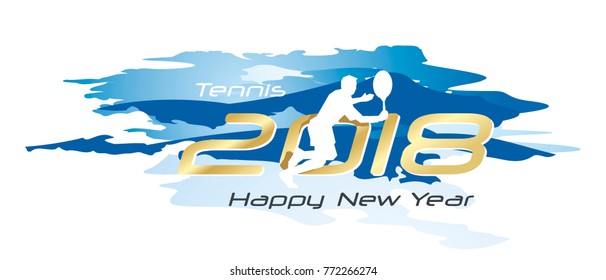 Tennis 2018 Happy New Year logo icon watercolor blue white background