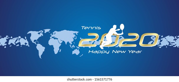 Tennis 2020 Happy New Year gold white silhouette logo icon abstract world map blue background