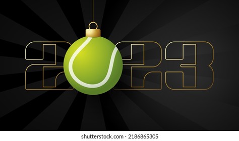 Tennis 2023 Happy New Year. Sports greeting card with tennis ball on the luxury background. Vector illustration