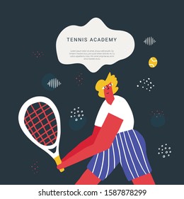 Tennis academy class flat vector banner template. Sport racquet game tournament poster handdrawn layout. Backhand shot technique. Smiling sportsman training, hitting ball cartoon character