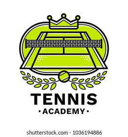 Tennis academy emblem, illustration, logotype, modern line style, green color, on a white background. A tennis court with a crown, framed from below by laurel branches and a tennis ball in the center.