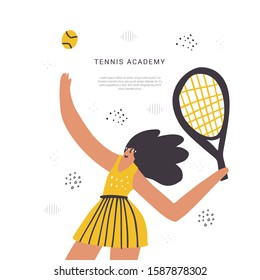 Tennis academy lesson flat vector banner template. Sport racquet game classes poster hand drawn layout with text space. Sportswoman training, starting point, serving ball cartoon character