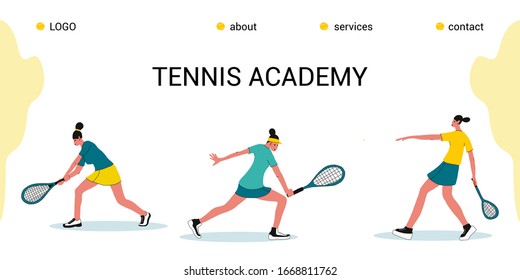 tennis Academy, summer tennis camp.the concept of Junior sports training.Site template for the Home page or app.Girls with rackets and a ball in different poses.flat design vector illustration.